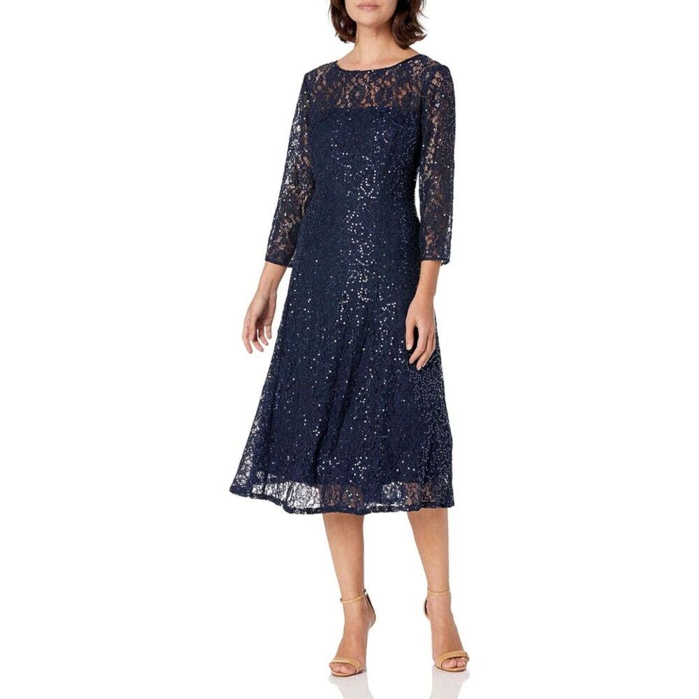 S.L. Fashions Women's Midi Length Sequin Lace Fit and Flare Dress, Navy, 8P